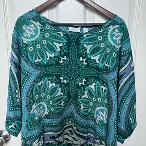 New York & Company Green Graphic Blouse 3/4 Sleeve